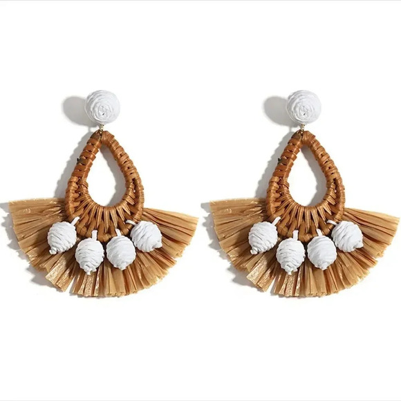 Mykonos Bohemian Raffia Rattan Breaded Earrings - Picture 3 of 7